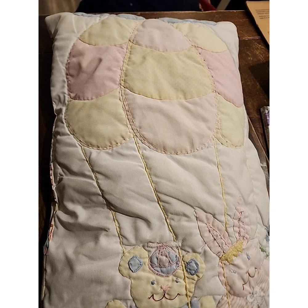 Vintage Quilted Bunny Bear Baby Blanket Pillow Hot Air Balloon Pastels Carousel
